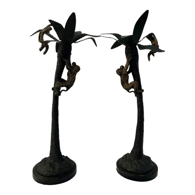 Vintage Figural Iron Palm Tree & Climbing Monkeys Candle Holder, a Pair For Sale