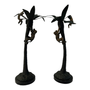 Vintage Figural Iron Palm Tree & Climbing Monkeys Candle Holder, a Pair