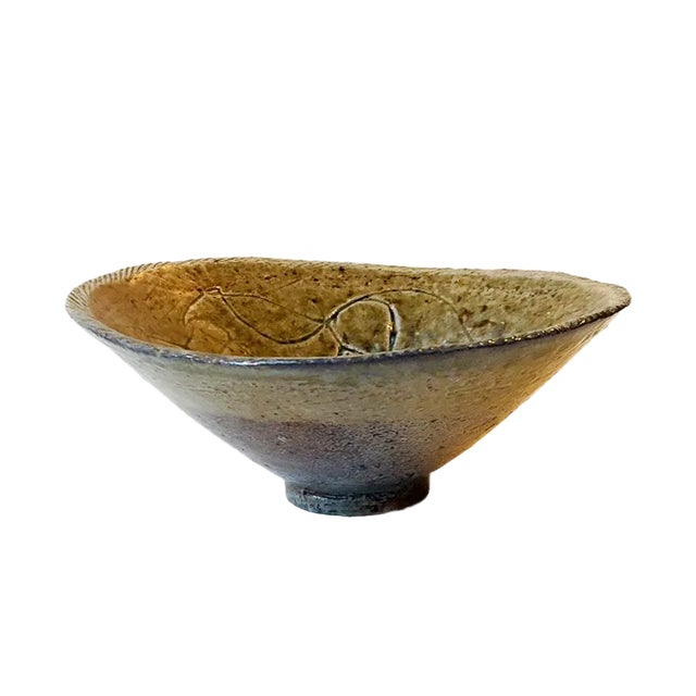 Vintage Modernist Stoneware Bowl with Abstract Motif, 1950s For Sale