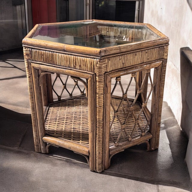 1970s Oversized Rattan and Wicker With Glass Top Hexagon End Table For Sale - Image 4 of 4