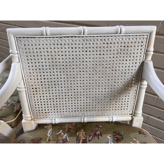 Textile Late 20th Century Faux Bamboo and Cane Backed Armed Side / Accent Chairs in Off White With Upholstered Seat - A Pair For Sale - Image 7 of 12