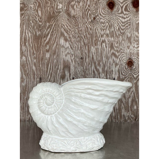 Off-white Vintage Coastal Glazed Ceramic Nautilus Shell Planter For Sale - Image 8 of 9