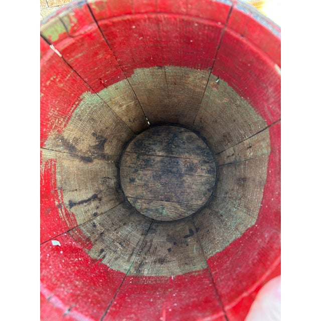 Late 20th Century Antique Nail Keg Cask Barrel Painted Red With Twisted Metal Wire Bands For Sale - Image 5 of 12