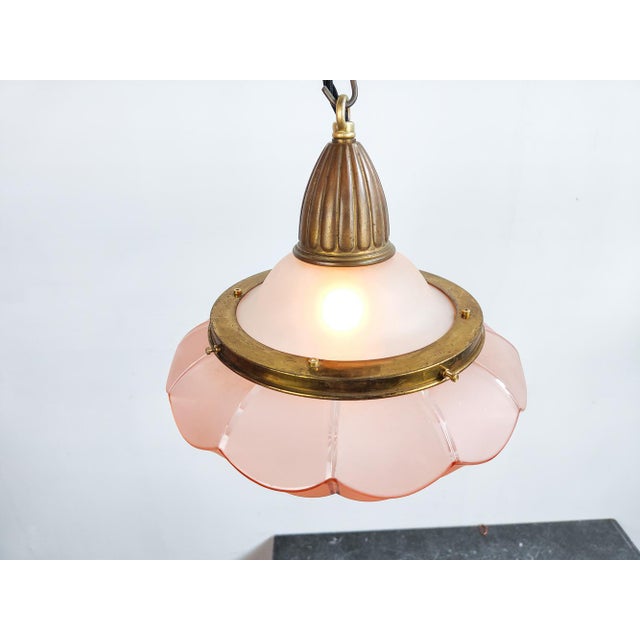Etched and Pink Glass and Brass Pendant Light For Sale - Image 4 of 7