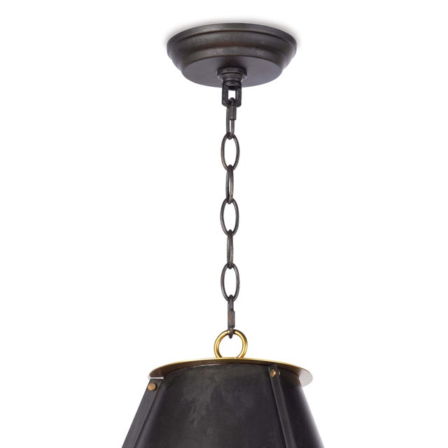 A blackened natural brass cone silhouette is trimmed with a natural brass ring on the top and bottom of the French Maid...