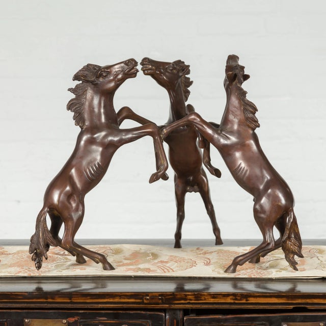 Vintage Lost Wax Cast Bronze Coffee Table Base with Triple Rearing Horses For Sale - Image 4 of 11