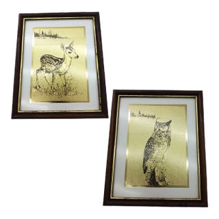 1980s Set of 2 Vintage Prints Owl Deer Cabin Mid Century Gold Tone Etching, Framed For Sale