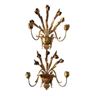 1960s Pair of Italian Gilt Tole Candle Sconces For Sale