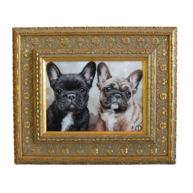 2020s Frenchie French Bulldog Puppys Dogs Portrait Painting Including the Antiqued Museum Quality Gold Frame For Sale - Image 5 of 7
