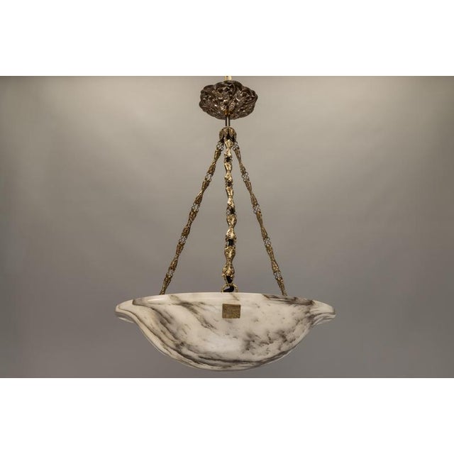 French Art Deco White Alabaster Pendant Light with Dark Veining, 1920 For Sale - Image 17 of 18