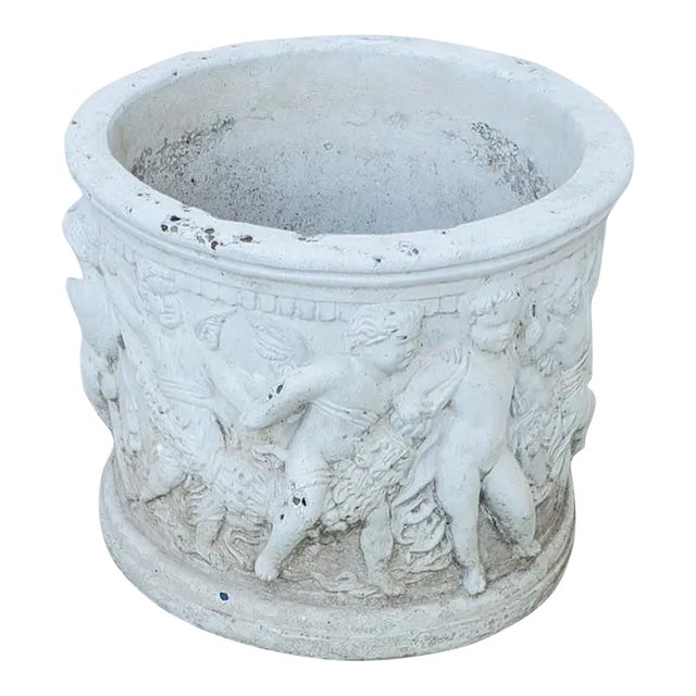 Antique Round White Cement Relief Cherub Planter For Sale