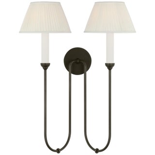 Amber Lewis for Visual Comfort Signature Ingela 24" Double Sconce in Modern Iron with Silk Pleat Shades For Sale