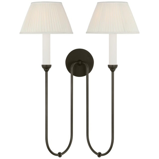 Amber Lewis for Visual Comfort Signature Ingela 24" Double Sconce in Modern Iron with Silk Pleat Shades For Sale