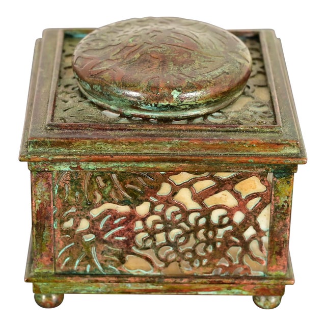 Tiffany Studios New York Grapevine Bronze and Favrile Slag Glass Inkwell For Sale