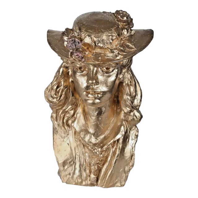 Vintage Austin Productions Inc Gold Toned Female Floral Hat Statue Sculpture For Sale