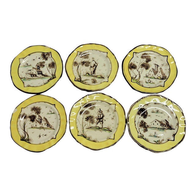 19th C Italian Majolica Albisola Plates Yellow With Scenes -Set of 6 For Sale
