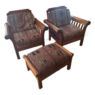 Late 20th Century Stickley Audi & Co. Dark Brown Wood Accent Chairs With Footstool For Sale