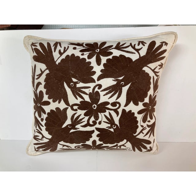 Brown Crewel Work Embroidered Brown Bird Toss Pillow -1 For Sale - Image 8 of 10