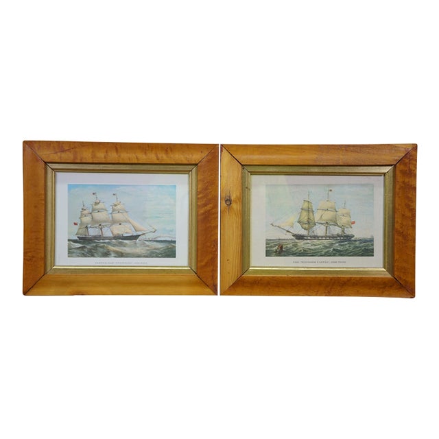 Pair Mid Century Clipper Ship Prints Windsor Castle & Swiftsure Maple Frames 12" For Sale