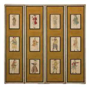 Four-Panel Screen with Painted Theatrical Costume Figures on Raised Panels
