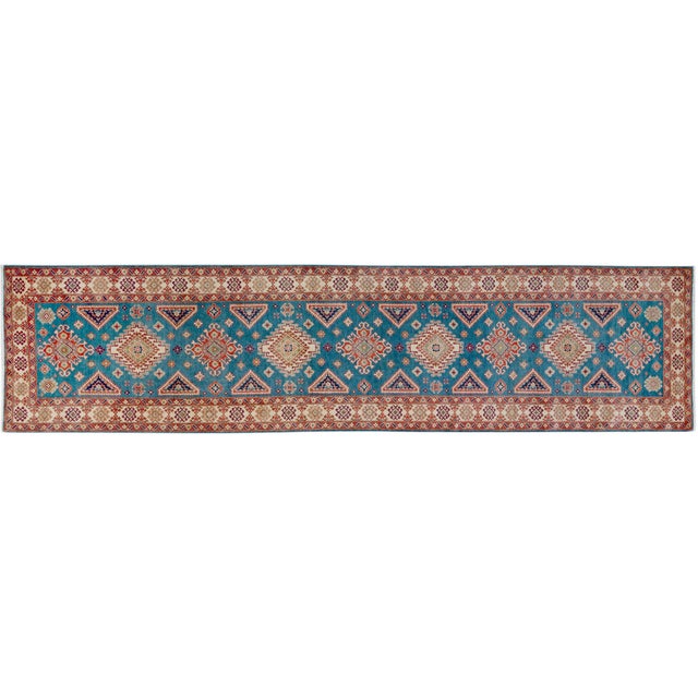 Bohemian Kazak Mervin Ivory/Red Wool Runner Rug - 4'0''x16'2'' For Sale - Image 9 of 10
