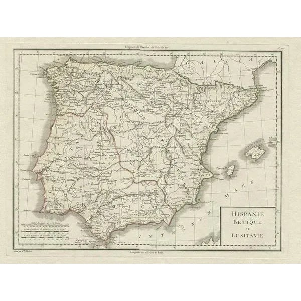 The image is an antique map titled "Hispanie Betique et Lusitanie", which depicts the Iberian Peninsula during the Roman...