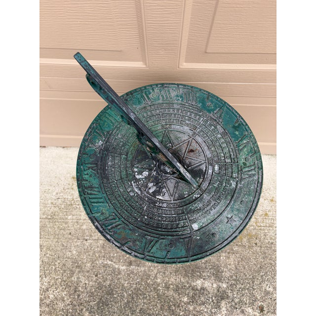 Verdigris Vintage English Country Classical Verdigris Iron Garden Sundial on Pedestal For Sale - Image 8 of 12
