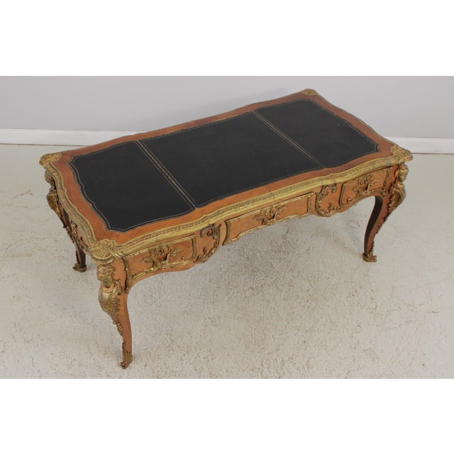 French Vintage Louis XV Bureau Plat Writing Desk W. Leather Top For Sale - Image 3 of 18