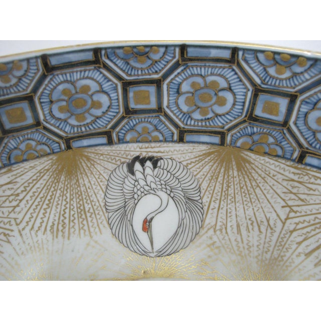 Large Japanese Porcelain Intricate Imari Crane & Lotus Flower Design 14.5" Bowl For Sale - Image 4 of 10