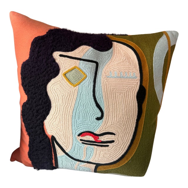 Global Views Veronica Pillow Hand Embroidered Abstract Portrait For Sale