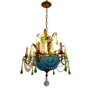 1940s Rare Italian Blue and Green Opaline Beaded Gold Leaf Chandelier For Sale