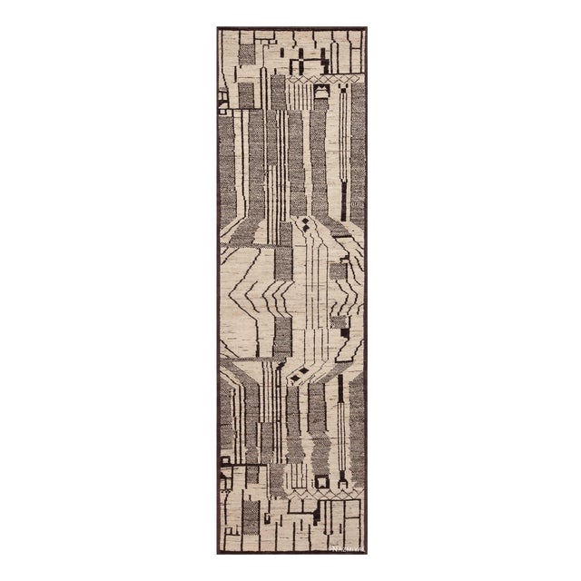 Tribal Primitive Cream and Charcoal Color Modern Hallway Runner Rug For Sale