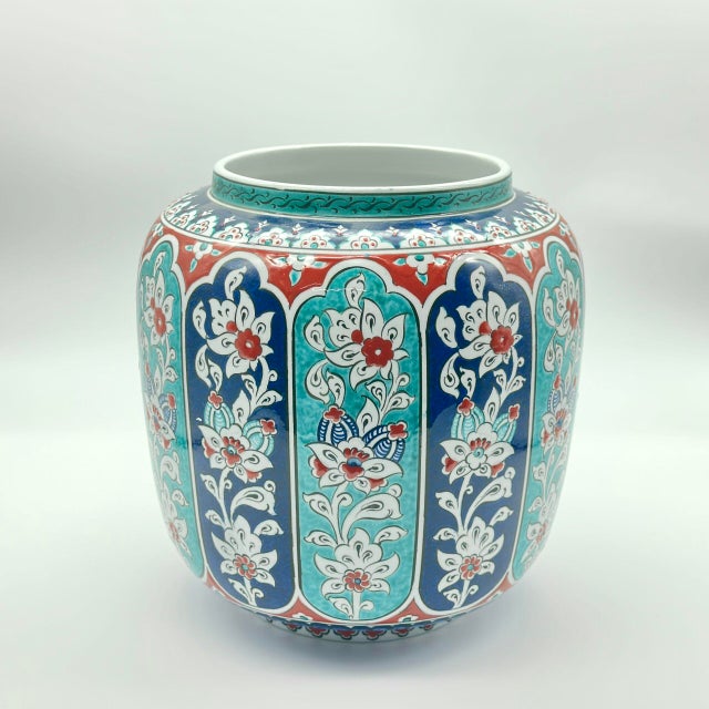 Handmade Ceramic Jar (25cm) “Aegean Columns” Design – Rhythmic Cobalt & Turquoise Architecture For Sale - Image 9 of 11