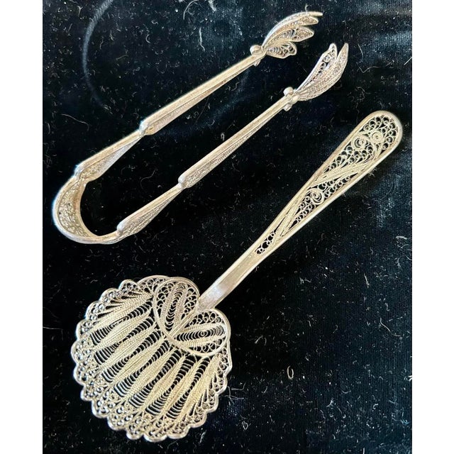 Handmade Silver Filigree Spoon and Sugar Tongs Set for tea service. Much discussion about filigree spoons purpose - tea...