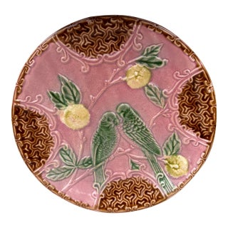 French Pink Majolica Parakeets Plate Salins, Circa 1890 For Sale