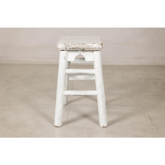 Wood Vintage Chinese Rustic Country Style White Painted Wooden Stool For Sale - Image 7 of 16