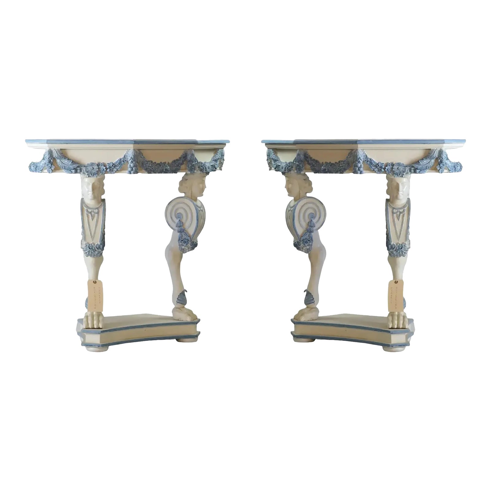 A Pair of Vintage Blue and White Rococo Style Side Tables/Console ...