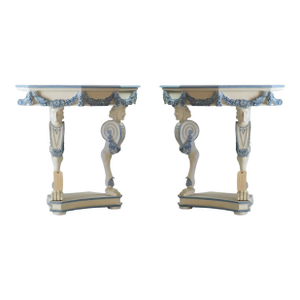 A Pair of Vintage Blue and White Rococo Style Side Tables/Console Tables