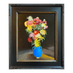 Still Life Oil Painting of Flowers in a Blue Vase by Satori Gregorakis. Framed.