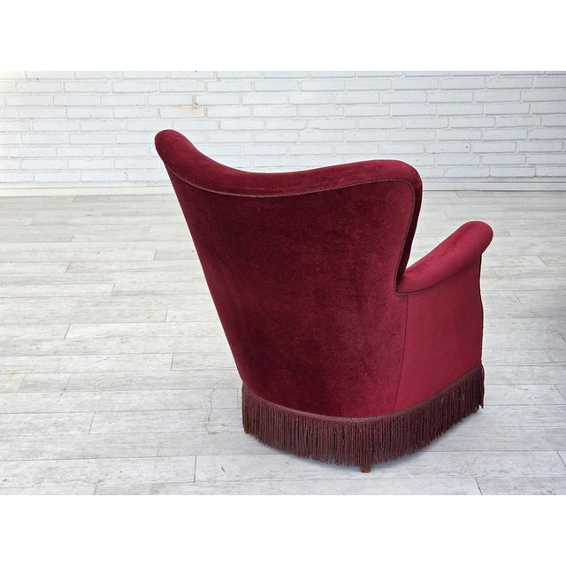 Red Vintage Danish Lounge Chair in Cherry-Red Furniture Velour and Oak, 1960s For Sale - Image 8 of 16