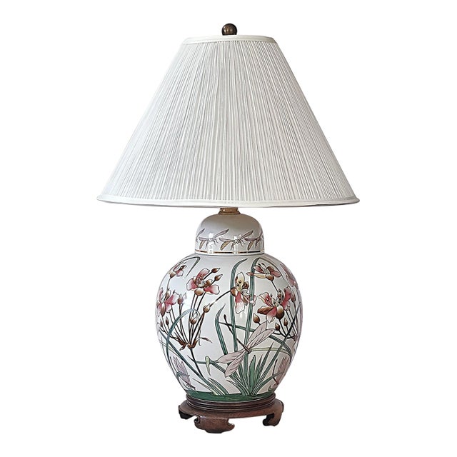 Vintage Maitland-Smith Hand-Painted Chinoiserie Floral Porcelain Ginger Jar Table Lamp For Sale
