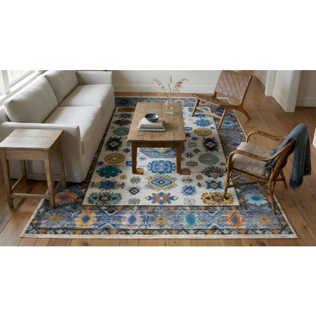 Ivory 9x12 Ivory Hand-Knotted Wool Floral Constellation Tribal Modern Carpet Rug For Sale - Image 8 of 13