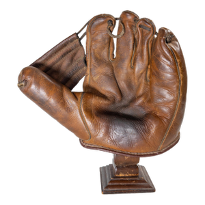 Early 20th Century Leather Western's Baseball Glove on Display Stand