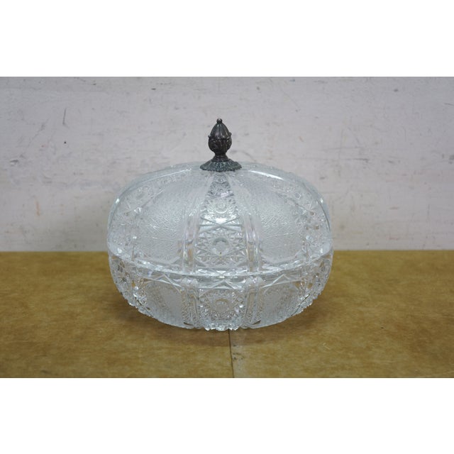 Transparent Antique Czech Bohemian Cut Crystal Lidded Box Bowl Compote Candy Dish 8" For Sale - Image 8 of 16