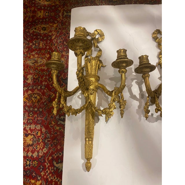 1900 Gilt Bronze Caldwell Sconces With Ribbons 3 Lights For Sale - Image 9 of 10