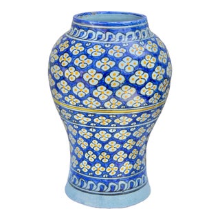 Early 20th Century Handmade Blue & Orange-Patterned Andalusian Ceramic Vase For Sale