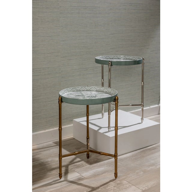 English Jardin Green Chinoiserie Tray with Stand, Brass For Sale - Image 3 of 5