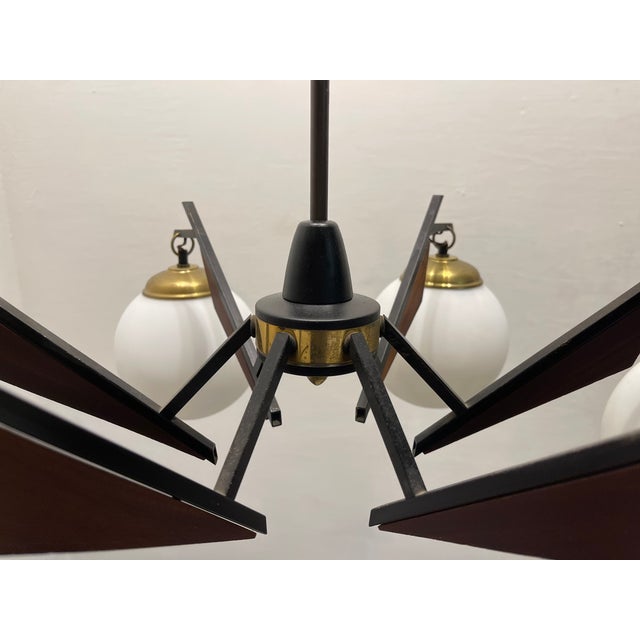 1950s Vintage Brass Wooden Veneer Chandelier, 1950s For Sale - Image 5 of 7