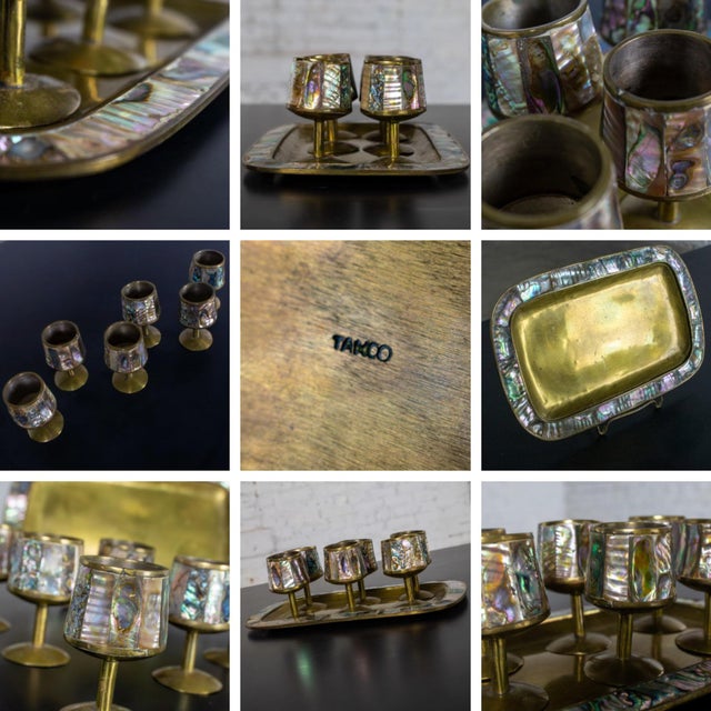 Mid-20th Century MCM 6 Cordial Stemmed Shots and Tray Set Abalone and Brass From Taxco Mexico For Sale - Image 17 of 18