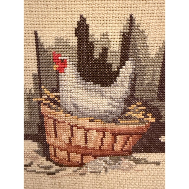 Farmhouse Vintage Folk Art Chicken & Basket Framed Cross Stitch For Sale - Image 3 of 5